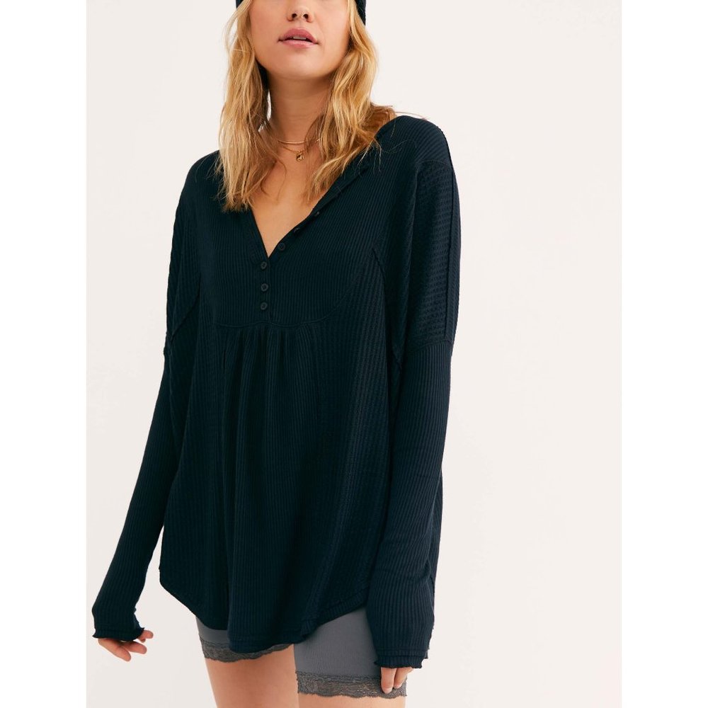 Free People Navy Long Sleeve Henley Top